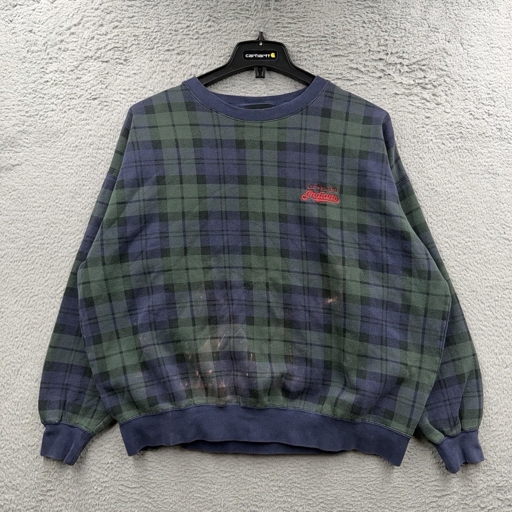 Vintage Cleveland Indians Sweatshirt Large Green Plaid Crewneck Embroidered MLB